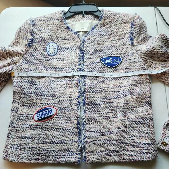 Sandro Paris Tweed Patches Tricolor Cardigan Blazer JacketPatriotic colorway